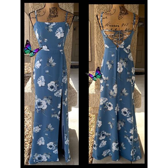 Lulus Feeling Elegant Slate Blue Floral Print Lace-Up Slit Maxi Dress Size S - Picture 6 of 7